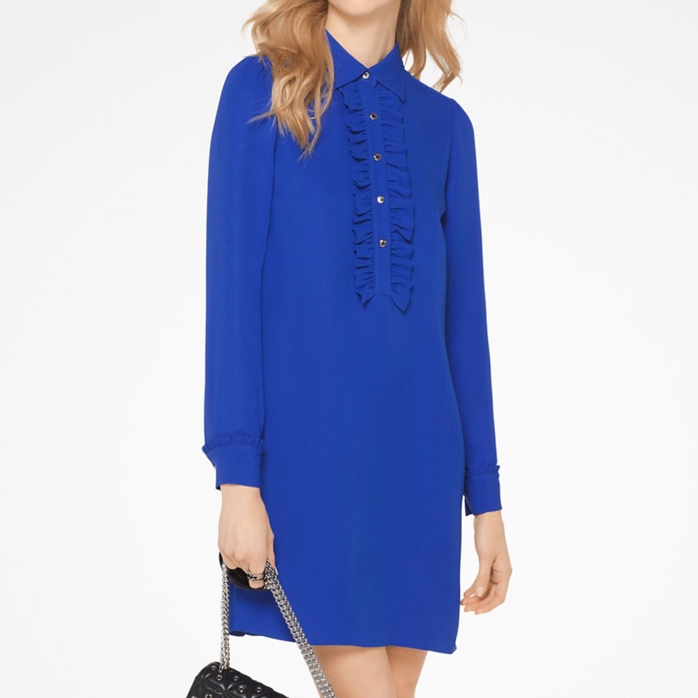 Michael Michael Kors Ruffled Silk Georgette Shirtdress Blue Size 4